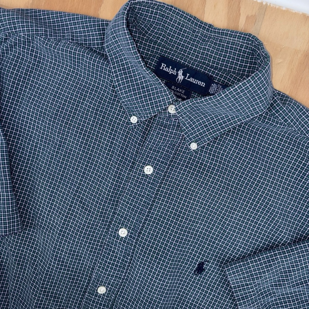 Polo Ralph Lauren Mens Blake Large Short Sleeve Plaid Button Down Green Navy VTG
